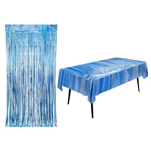 1 Glänzende Tischdecke, 1 Quasten-Regen-Seidenvorhang, Laser-Tischdecke, Einweg-Tischdecke, wasserdichte Tischdecke, Hintergrunddekorationszubehör, Party-Dekorationszubehör (Blau) von KRYMSON