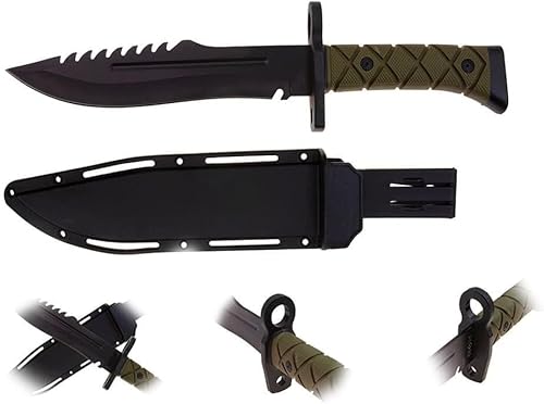 KS-11 Survival Messer mit feststehender Klinge incl. Kunststoff Holster. Schwarz - Grünes Bushcraft Knife - perfektes Outdoor Messer - Jagdmesser - Gürtelmesser - Gesamtlänge 34cm von KS-11