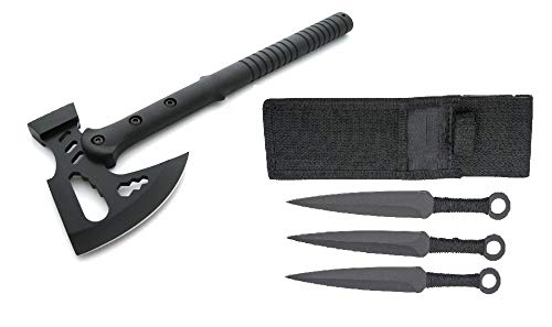 Survival Set Tomahawk + Wurfmesser Expendables Kunai - Throwing Knife - schnelles Werfen Messer schwarz Edelstahl - Trainingsmesser - Gürtelmesser - Hunting Knife - axt mit Holster aus Nylon, schwarz von KS-11