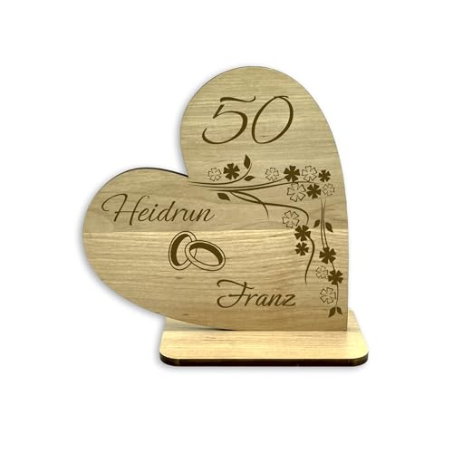 KS Laserdesign Deko Holz Herz -Goldene Hochzeit- Geschenke zum 50 jährigen Jubiläum der Hochzeit, personalisiert mit Namen, Hochzeitstag, Ehegeschenke, für Frauen & Männer von KS Laserdesign