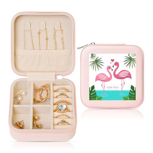 KSANNNS Kleine Schmuckschatulle mit Palmblatt- und Flamingo-Paar-Motiv, bedrucktes Leder, Reise-Aufbewahrungsbox, tragbare Schmuckring-Aufbewahrungsbox von KSANNNS