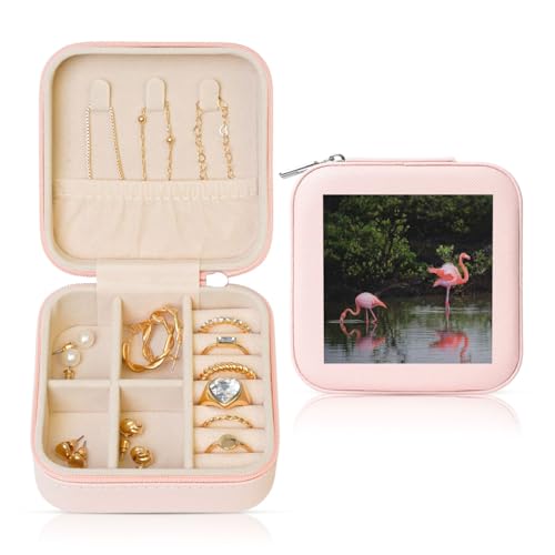 KSANNNS Kleine Schmuckschatulle mit zwei Flamingos, bedrucktes Leder, Reise-Aufbewahrungsbox, tragbare Schmuckring-Aufbewahrungsbox von KSANNNS