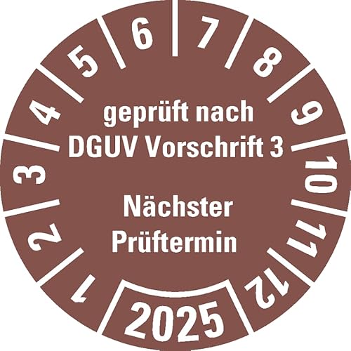 KSIGN Jahresprüfplakette geprüft nach DGUV Vorschrift 3, nächster Prüftermin 25-30, Farbe: braun, Ø 25 mm, Rolle 500 Stück von KSIGN