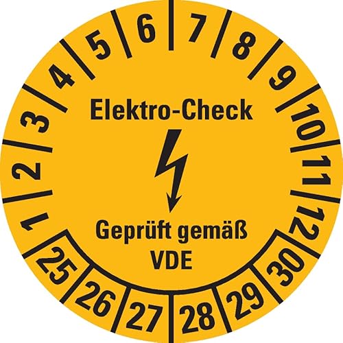 KSIGN Mehrjahresprüfplakette Elektro-Check 25-30, gelb, selbstklebende Dokumentenfolie, Ø 20 mm, 500 Stück/Rolle, VDE geprüft von KSIGN