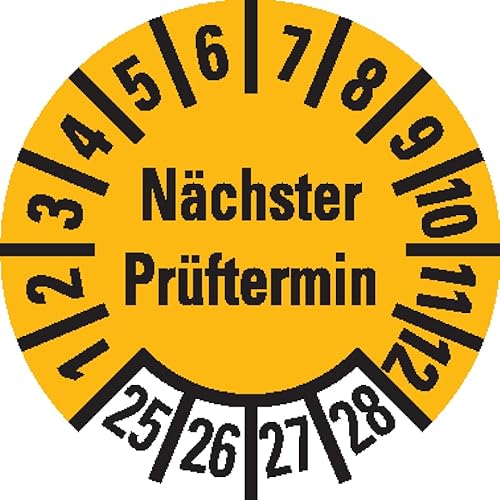 KSIGN Prüfplakette Nächster Prüftermin 25-28, Mehrjahresplakette, Ø 10 mm, 1000/Rolle, gelb/schwarz, Dokumentenfolie von KSIGN