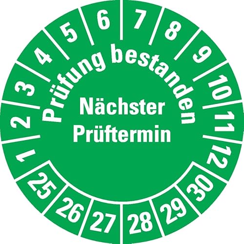 KSIGN Prüfplakette Prüfung bestanden Nächster Prüftermin 25-30, Mehrjahresplakette, Ø 30 mm, 500/Rolle, grün, Dokumentenfolie von KSIGN