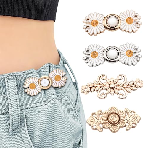 KSJEHW 4 Pcs Verstellbaren Taillenschnallen Knopf Jeans Rock zu groß, Hosen Knopf Spanner Fastener, Perle Kleid Adjuster Taille Blume Schnalle Clip Kleidung DIY Nähen neue Knöpfe von KSJEHW