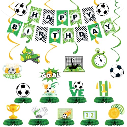 KSKSPE Geburtstagsdeko Fussball Deko Kindergeburtstag Deko Set,Fußball Thematische Partydeko Geburtstag Banner, Tischdeko Geburtstag Bienenwaben-Ornament,Girlande Happy Birthday von KSKSPE