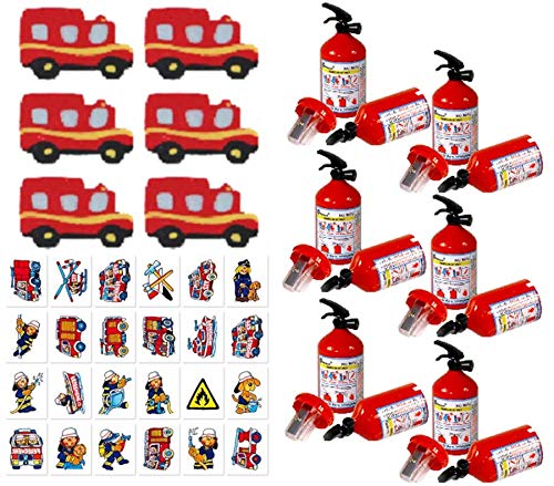 KSS Großes 18 Teiliges Feuerwehr Set Anspitzer, Radiergummi, Tattoos alles im Feuerwehr Design, Kindergeburtstag als Mitgebsel, Mitbringsel, Tombola, Verlosung, Party von KSS