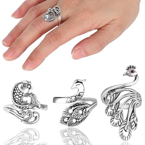 KSUKTSW 3er Set Verstellbare Metall-Häkelringe in Silber - Spatz, Fisch, Phoenix Design - Offener Ring für Garnführung und DIY Handwerksprojekte - Perfekt für Handweberei und Häkeln in Pfauenstil von KSUKTSW