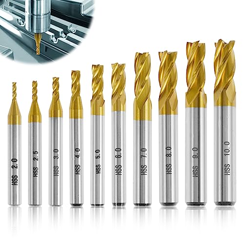 10 Stück HSS Hartmetall Schaftfräser Satz 4 Flöten Titan VHM Schaftfräser Set 2-10 mm VHM Fräser CNC Fräser für Kunststoff Metall Edelstahl Kohlenstoffstahl Aluminium Holz Acryl von KTCINA