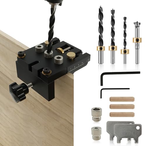 3-in-1 Pocket Hole Jig Kit 10,8 x 10 x 9,2 cm mit 3 Log-Tipp Selbstzentrierende Bohrschablone mit 6/8/10/15 mm Bohrer Dübel-Jig-Kit mit Puncher Locator Bohrführungen Holzdübel Bohrschablone von KTCINA