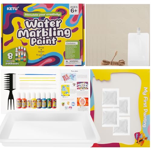 8 Farben Wasser Marmorierfarbe für Kinder 10 ml Marbling Paint Kit 20 Blatt Kunstdruckpapier Kunsthandwerk für Mädchen Jungen Bastelset Umweltfreundliches Pigment auf Wasserbasis von KTCINA