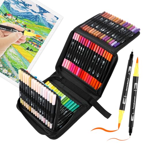 Dual Brush Pen Set 100 Farben mit Aufbewahrungstasche Mehrere Unterteilungen Bunter Werden Filzstifte Marker auf Wasserbasis Robust Langlebig Aquarell Marker für Bullet Journal Malbücher Skizzieren von KTCINA