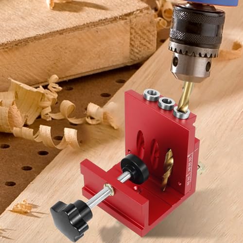 Pocket Hole Jig Kit Bohrgröße φ4 * φ9 * 170 mm 13 * 10 * 7,7 cm mit 10 Schraube 10 Stopper 1Bohrer 1 Charge 0-4 cm Einstellbare Bohrschablone Bohrlehre 15° Alum Taschenloch Bohrschablone (Rot) von KTCINA