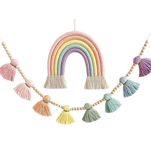 2 x Wandbehang, Regenbogen-gewebte Wandkunst-Ornamente mit Holzperlen und Quasten, für Kinderzimmer oder Party-Dekoration von KUAIYIJU