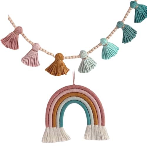 2 x Wandbehang, Regenbogen-gewebte Wandkunst-Ornamente mit Holzperlen und Quasten, für Kinderzimmer oder Party-Dekoration von KUAIYIJU