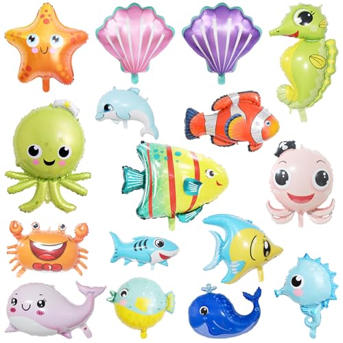 16Pcs unter dem Meer Party Dekorationen, KUAOOAUK große unter dem Meer Ballons, Hai Seestern Seepferdchen Krabbe Folienballons, niedliche Fisch Ballons für Jungen Mädchen Baby Dusche Geburtstag Party von KUAOOAUK