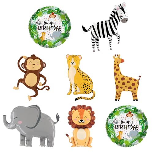 8 Stück Dschungel-Safari-Tier-Ballons, KUAOOAUK Wild ein Geburtstag Dekorationen, Tier Party Ballons, Giraffe Löwe Leopard Elefant Folienballons für Baby-Dusche Dschungel-Thema Party-Dekorationen von KUAOOAUK