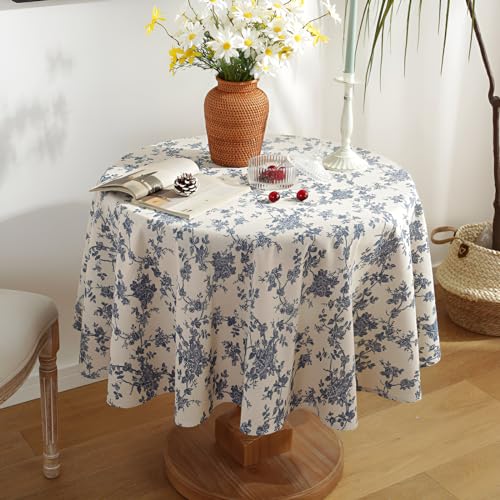 KUAOOAUK Blaue Blumen Pastoral Runde Tischdecke, 55 Zoll Vintage Baumwolle Leinen Tischtuch, waschbar Tischabdeckung mit Staub-Proof faltenbeständig für Indoor Outdoor Küche Essen Picknick Dekoration von KUAOOAUK