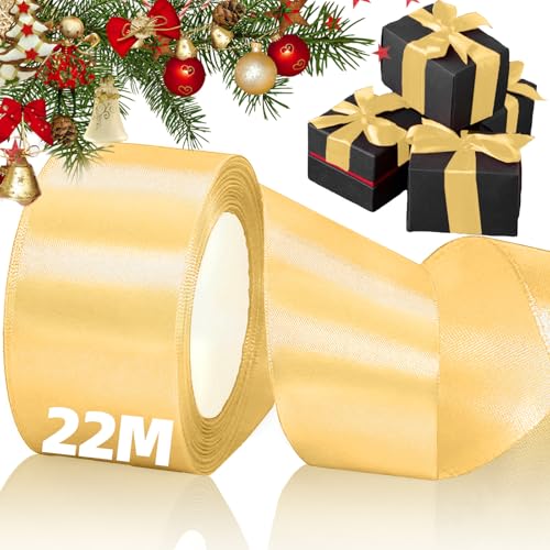 Geschenkband Gold Breit, Weihnachten Satinband Goldene Schleifenband zum Geschenkverpackung Basteln Kuchen, 5 cm x 22M Satin Seidenband Dekoband für Weihnachts Valentinstag Hochzeit Geburtstag Party von KUAOWT