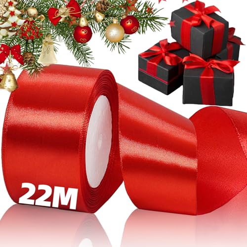 Geschenkband Rot Breit, Weihnachten Satinband Rotes Schleifenband zum Geschenkverpackung Basteln Kuchen, 5 cm x 22M Satin Seidenband Dekoband für Weihnachts Valentinstag Hochzeit Geburtstag Party von KUAOWT