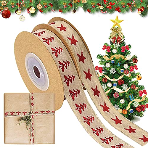 Geschenkband Weihnachten, 2 Rollen Xmas Satinband Schleifenband Ripsband Satinbänder Baumwollband, Weihnachtsband Stoffband Geschenkbänder Dekoband für Geschenkverpackung Basteln Weihnachtsbaumdekor von KUAOWT