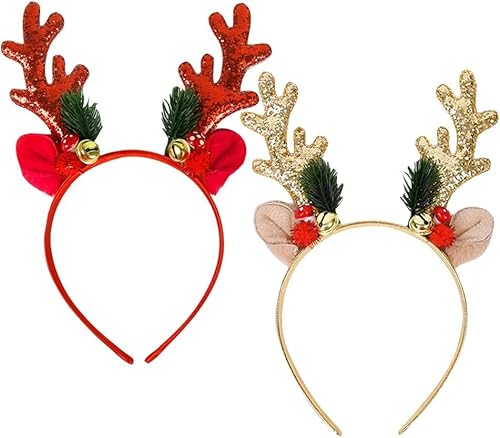 Haarreif Weihnachten, 2 Stück Weihnachts Rentier Geweih Haarreif Kopfschmuck für Kinder Erwachsene, Glitzer Hirschgeweih Haarreifen Stirnband mit Ohren für Weihnachtsfeiern Cosplay Haarschmuck von KUAOWT