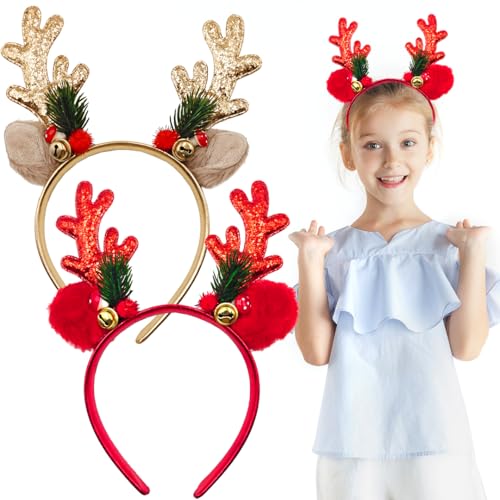 Haarreif Weihnachten, 2 Stück Weihnachts Rentier Geweih Haarreif Kopfschmuck für Kinder Erwachsene, Glitzer Hirschgeweih Haarreifen Stirnband mit Ohren für Weihnachtsfeiern Cosplay Haarschmuck von KUAOWT