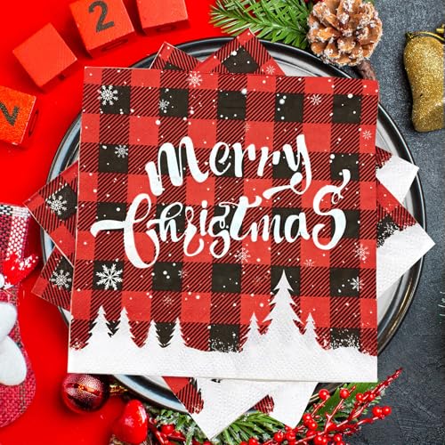 Servietten Weihnachten, 30 Stück Merry Christmas Papierservietten mit Weihnachtsbaum Schneeflocken Motiv, Rot Schwarz Kariert Weihnachtsservietten für Weihnachtsparty Winter Tischdeko (33 x 33 cm) von KUAOWT