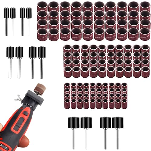 KUBDPQOR 132 Stück Schleifhülsen, Schleifbänder Set mit 120 Stück und 12 Schaftschleiftrommeln, Schleifhülsen Set für Dremel Elektrowerkzeuge, Schleifwalze für Dremel Drehwerkzeug von KUBDPQOR