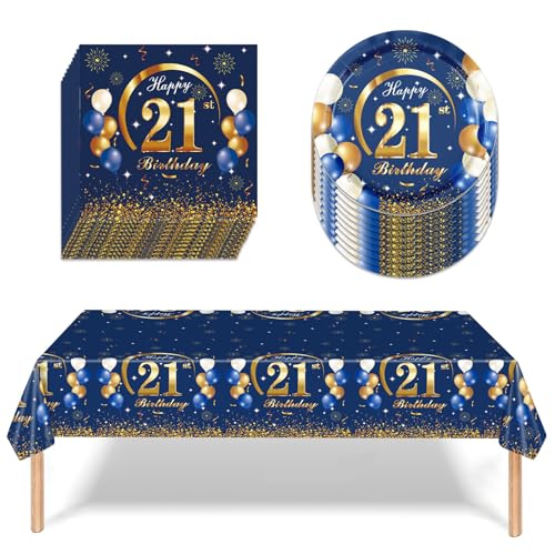 KUBDPQOR 21 Geburtstag Partygeschirr Set, 37 Stück 21 Geburtstag Deko, 7'' Pappteller Geburtstag, Tischdecken(137 x 274 cm), Blau Servietten, Umfangreiches Geburtstag Party Geschirrset & Party Zubehör von KUBDPQOR