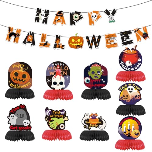 KUBDPQOR Halloween Deko, 24 Stück Halloween Party Deko Set, Happy Halloween Banner mit 5 m Langem Band, 9 Stück Waben Halloween Tischdekoration, Halloween Deko Outdoor, Halloween Pumpkin von KUBDPQOR