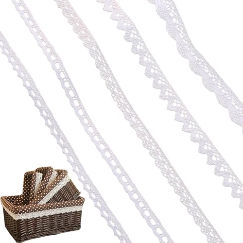 KUBDPQOR Spitzenband Weiß, 5 Rollen Spitzenband, Baumwolle Weißes Band, Exquisiter Schleifenband Hochzeit, Dekoband & Zierband zum Nähen, Tischdeko Hochzeit, Perfekt für DIY Handwerk & Hochzeitsdeko von KUBDPQOR