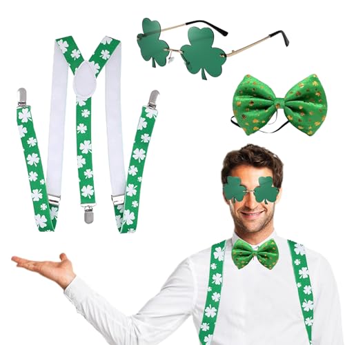 KUBDPQOR St. Patrick's Day Kostüm Accessoires Set - chosenträger, Brille und Fliege mit Kleeblattmuster von KUBDPQOR