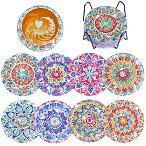 Diamond Painting Untersetzer Mandala mit Halter,8 Stück 5D Diamond Painting DIY Set für Kinder Erwachsene Basteln,Anfänger Diamant Tassenuntersetzer rutschfest fur Tassen,Vasen,Kerzen von KUBFDL