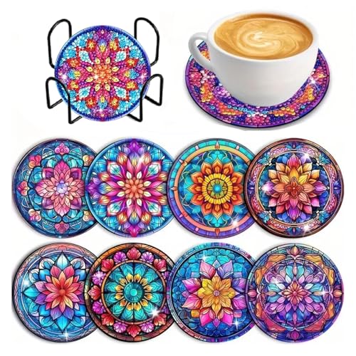 Diamond Painting Untersetzer Mandala mit Halter,8 Stück 5D Diamond Painting DIY Set für Kinder Erwachsene Basteln,Anfänger Diamant Tassenuntersetzer rutschfest fur Tassen,Vasen,Kerzen von KUBFDL