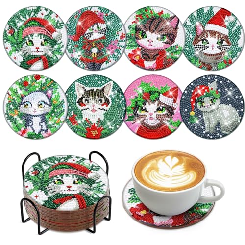 Diamond Painting Untersetzer Weihnachten,8 Stück Diamond Painting Katze für Kinder,DIY Diamant Tassenuntersetzer mit Halter,Basteln Erwachsene Frauen,Weihnachten Geschenk von KUBFDL