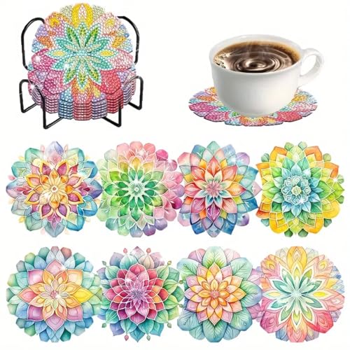 Diamond Painting Untersetzer mit Halter,8 Stück 5D Diamond Painting Blume DIY Set für Kinder Erwachsene Basteln,Anfänger Diamant Tassenuntersetzer rutschfest fur Tassen,Vasen,Kerzen von KUBFDL