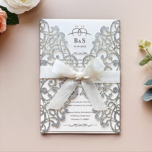 KUCHYNEE 20PCS Hochzeitseinladungskarten mit Elfenbeinbändern und Umschlägen für Hochzeitsbrautduschen-Verlobungs-Geburtstags-Abschluss-Einladungen (Silber glitter) von KUCHYNEE