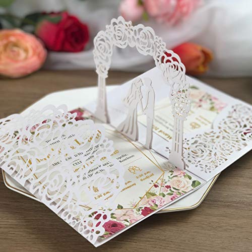 KUCHYNEE 3D weiße Pop-Up Hochzeitseinladungskarten mit Lasergeschnittene Braut und Bräutigam für Verlobung Brautdusche Jubiläums-Hochzeitseinladungen inkl Antwortkarte, 20 Stück von KUCHYNEE