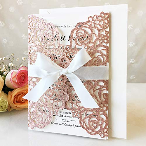 KUCHYNEE Hochzeitseinladungskarten Lasergeschnittene hohle Rose mit Elfenbeinbändern für Brautduschen-Verlobungs-Geburtstags-Hochzeit Einladung (Roségold Glitter), 20 Stück von KUCHYNEE