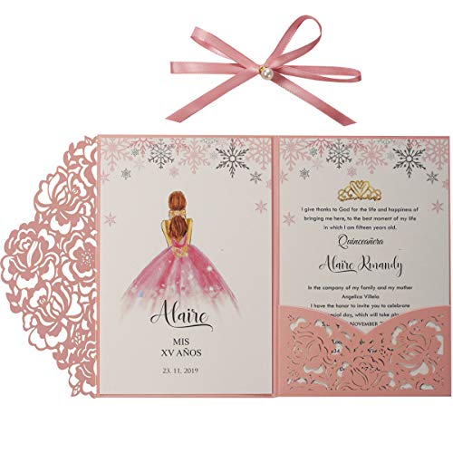 KUCHYNEE Rosa Hochzeitseinladungskarten Mit Perle -20 Stück Lasercut Flora Tri-Fold Seidenband Brautpartys Hochzeiten Einladungskarten inkl Umschläge (Erröten Rosa) von KUCHYNEE