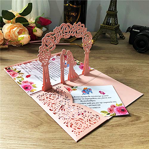 KUCHYNEE Laser Cut Rosa Hochzeitseinladungskarten mit 3D-Pop-up Braut und Bräutigam Blumen und druckbare leere Hochzeit Verlobung lädt, 20 Stück von KUCHYNEE