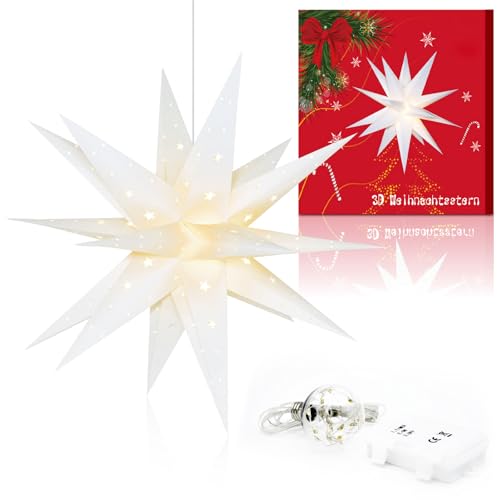 Weihnachtsstern mit Beleuchtung für Außen mit Timer, Weihnachtsstern mit Batterien LED Star Lights, 3D Leuchtstern Außenbeleuchtung Weihnachtsdeko, Weiß 45X45CM von KUCU