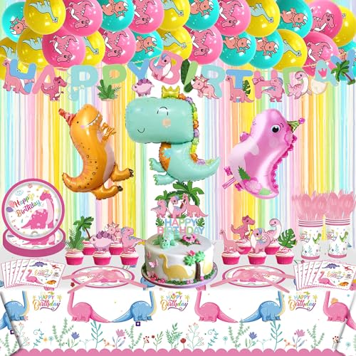 Dinosaurier-Geburtstagsparty-Zubehör, rosa Dinosaurier-Party-Dekorationen für Mädchen, inklusive Luftballons, Teller, Tassen, Kuchen- und Cupcake-Topper, Happy Birthday-Banner, Fransenvorhänge von KUGUY