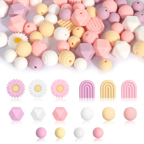 76 Stück Blumenförmige Silikonperlen Gänseblümchen, Rund Lose Silikonperlen Daisy Silicone Beads, Silikonperlen in Blumenform für Basteln Halsketten Armbänder Schlüsselanhänger von KUHAWL