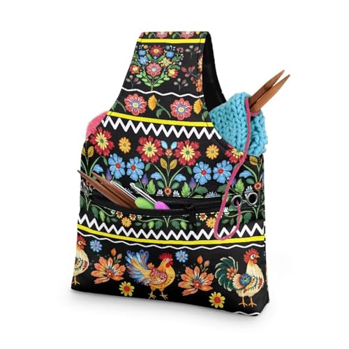 KUIFORTI Garntasche mit Tribal-Huhn-Motiv, kleine Häkeltasche, Tragetasche, Garnaufbewahrung, Organizer, niedlicher Garnhalter, Stricktasche, Bastelset, Tasche, Stickprojekttasche, Werkzeugtasche von KUIFORTI