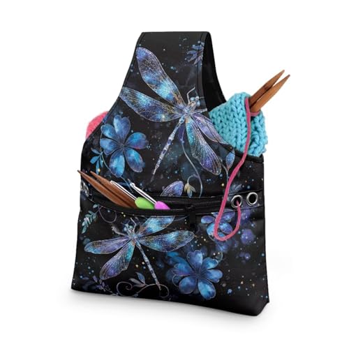 KUIFORTI Häkelgarn-Taschen für Anfänger, lila Libellen-Druck, Garntasche, Häkeltasche zum Stricken, Garnhalter, Tasche, Stricken, Umhängetasche, große Größe, Reise-Strick-Handgelenktasche, von KUIFORTI