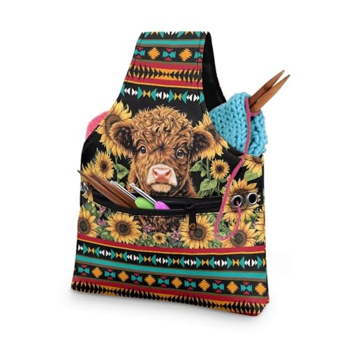 KUIFORTI Highland Cow Häkelgarn-Taschen für Anfänger, Garntasche, Häkeltasche zum Stricken, Garnhalter, Tasche, Umhängetasche, große Größe, Reise-Strick-Handgelenktasche, Projekttasche von KUIFORTI